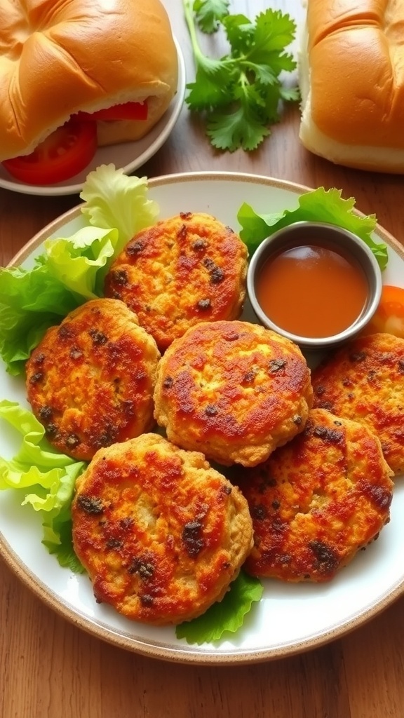 Crispy Air Fryer Frozen Chicken Patties Recipe Crispy air-fried chicken patties on a plate with lettuce, tomatoes, and buns.